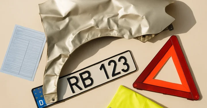 Damaged car fender, accident report form, German licence plate and warning triangle — what to do after a car accident in Germany.