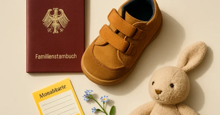 A child's shoe beside a German Familienstammbuch and a toy, representing adoption in Germany.