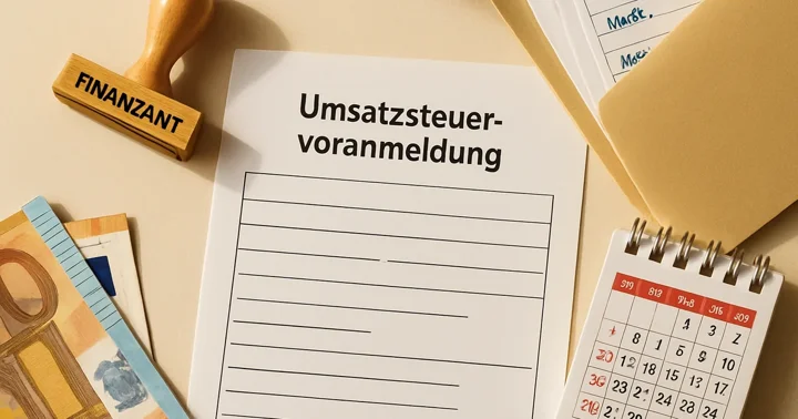 German Finanzamt VAT return form beside stamped invoices and a calendar, illustrating advance VAT filing for expats.