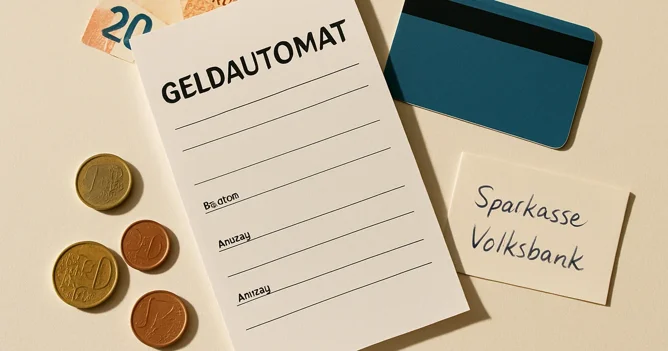 A German ATM withdrawal receipt beside euro banknotes and a face-down Girocard, illustrating using ATMs in Germany.