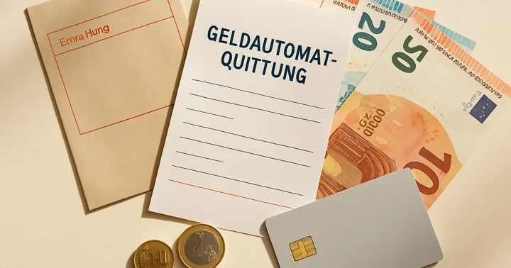A German ATM receipt, euro banknotes, and an EC card arranged on a surface, illustrating ATM use in Germany.