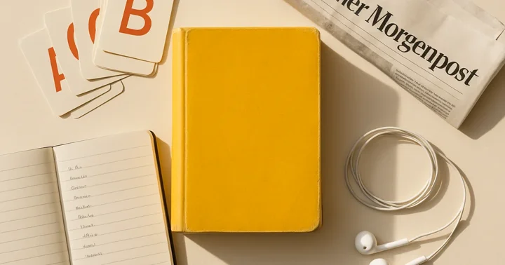 German dictionary, vocabulary flashcards, and a notebook with handwritten words for learning German as an expat.