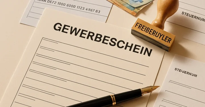 German business registration certificate beside a bank statement and pen, illustrating freelancer business banking in Germany.