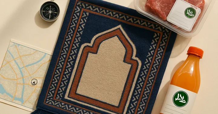 A prayer rug, qibla compass, and halal groceries arranged top-down, illustrating Muslim life in German cities.