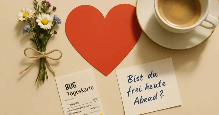 A red paper heart, wildflowers, a coffee cup and a German transit ticket styled as a dating flat lay.