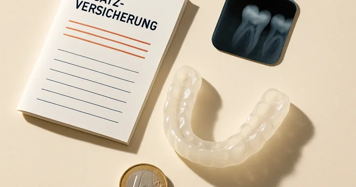 A dental mouth guard, German insurance document, and X-ray film arranged top-down, representing dental insurance in Germany.