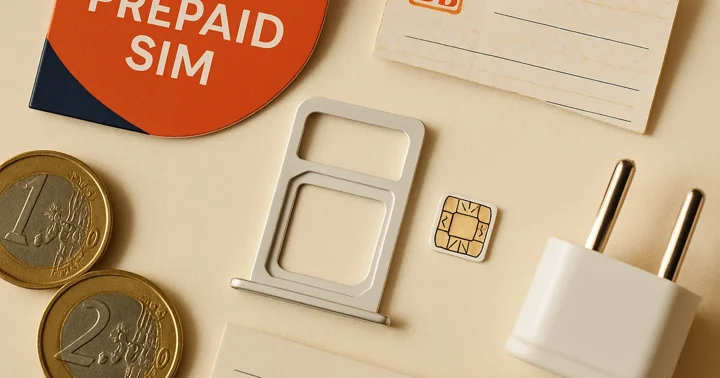 A SIM card tray and eSIM chip beside a Deutsche Bahn ticket, representing the best eSIM options for Germany.