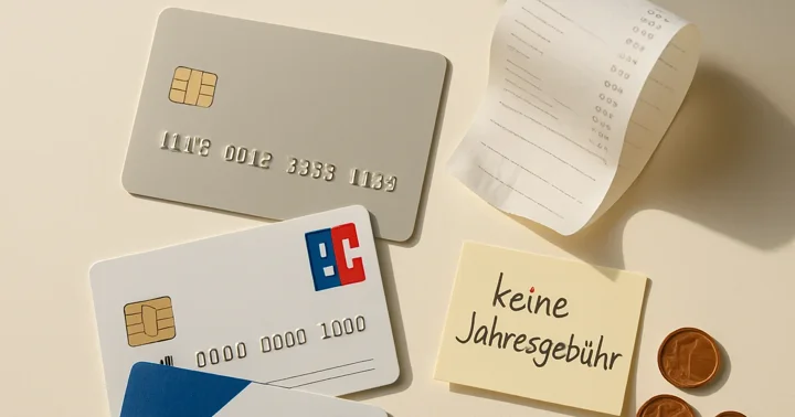 A plain credit card next to a German girocard and a curled supermarket receipt, illustrating free credit cards in Germany.