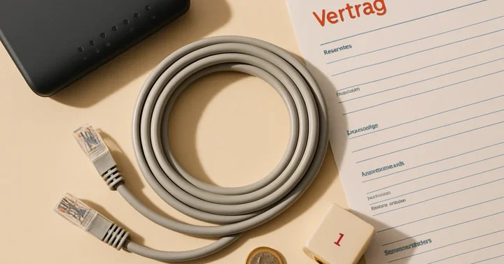 Coiled ethernet cable beside a router and German internet contract, illustrating choosing an internet provider in Germany.
