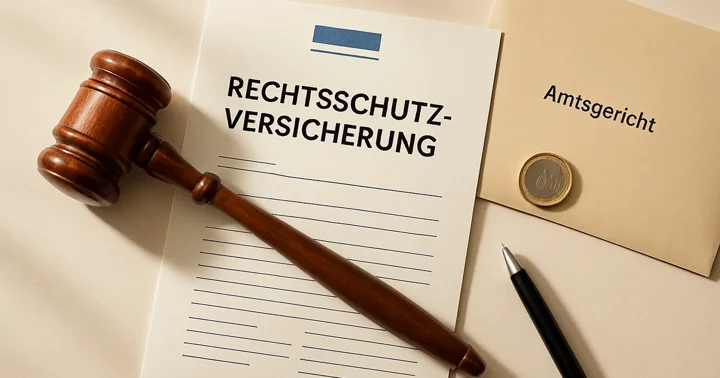 A legal insurance policy document, gavel, and court envelope arranged on a desk, representing Rechtsschutzversicherung in Germany.