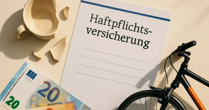 A German liability insurance policy beside a broken mug and a bicycle, representing Haftpflichtversicherung coverage.