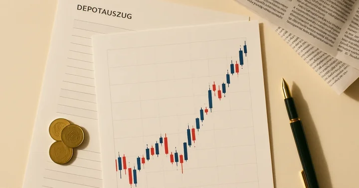 A stock chart and German brokerage statement on a desk, representing online investing in Germany.