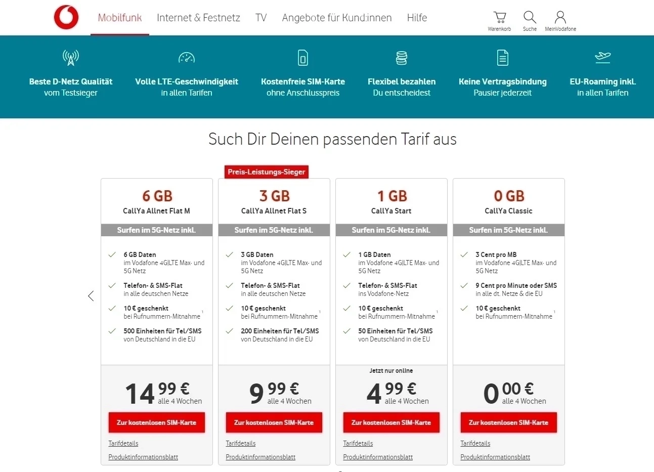 Vodafone CallYa Best top Prepaid card in Germany