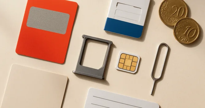 Top-down flat lay of a SIM card, prepaid top-up voucher, and ejector tool for choosing prepaid SIM cards in Germany.