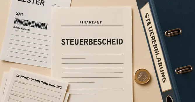 A Steuerbescheid and tax documents laid flat, representing German tax return software options for expats.