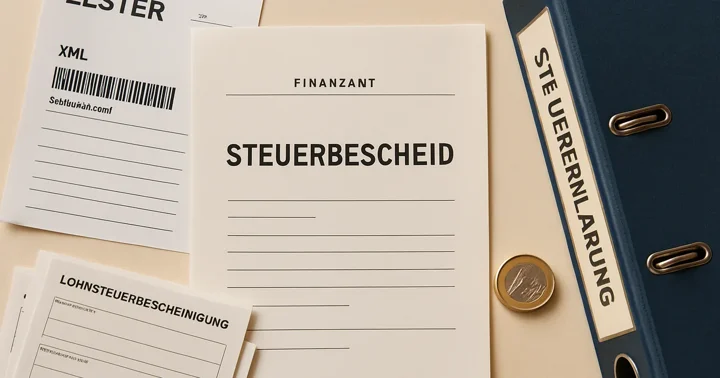 A Steuerbescheid and tax documents laid flat, representing German tax return software options for expats.