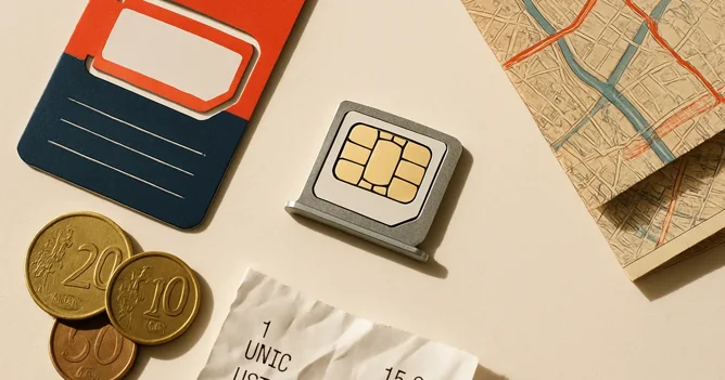 A SIM card tray, unbranded prepaid packaging, and a German receipt arranged top-down for a German SIM card guide.