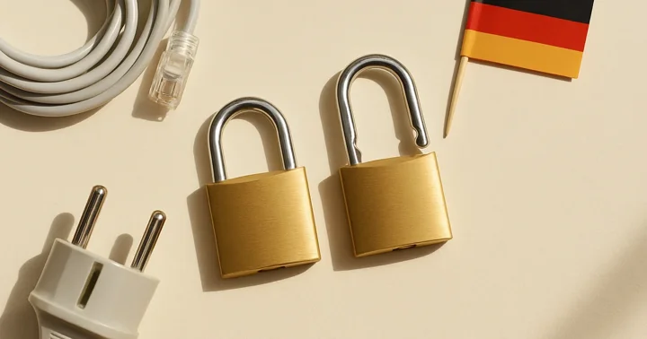 A closed padlock beside a coiled ethernet cable and a Schuko plug, illustrating VPN privacy in Germany.