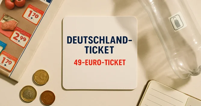 A Deutschlandticket, Pfand bottle, budget notebook and euro coins arranged as budget travel tips for expats in Germany.