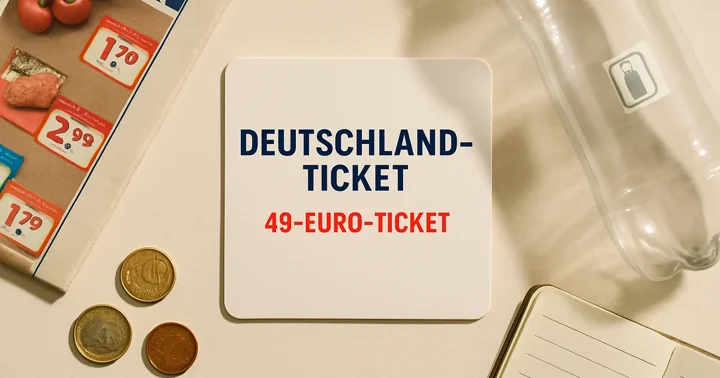 A Deutschlandticket, Pfand bottle, budget notebook and euro coins arranged as budget travel tips for expats in Germany.
