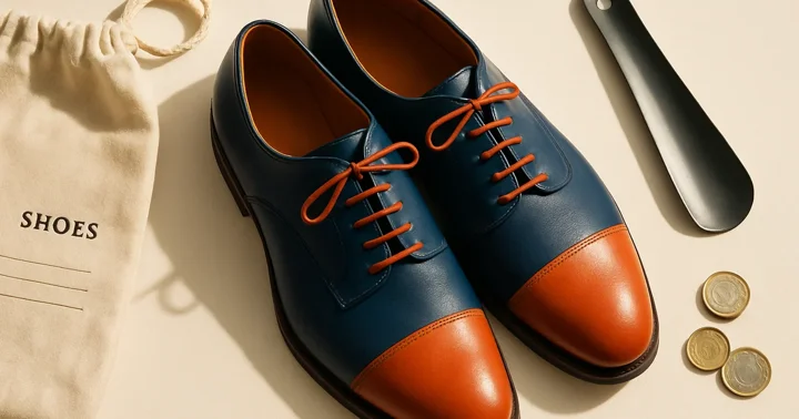 A pair of leather shoes with a shoehorn and shoe bag, styled as a guide to buying shoes in Germany.