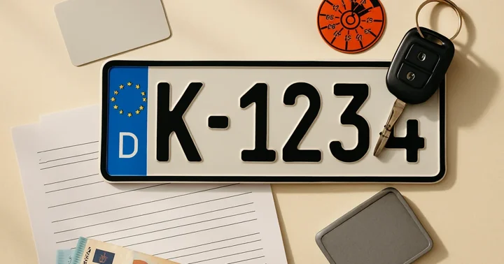 A German Kfz number plate, car keys, TÜV sticker and purchase contract — buying a car in Germany.