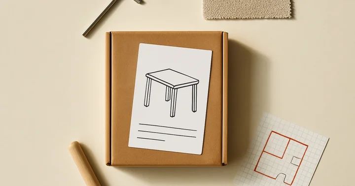 Flat-pack furniture box, Allen key, fabric swatch and floor plan sketch illustrating furniture shopping in Germany.