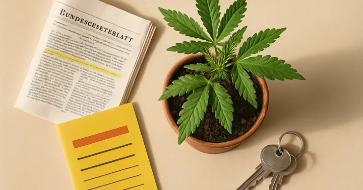 A cannabis plant beside a German law gazette and an informational leaflet illustrating Germany's 2024 weed legalisation rules.