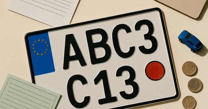 A German number plate, insurance policy document, and green insurance card arranged in a flat lay about car insurance in Germany.