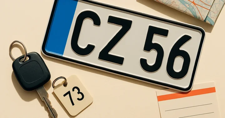 A German number plate, car key, and city map arranged top-down, representing car-sharing in Germany.
