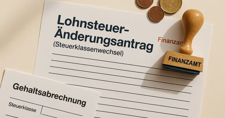 Finanzamt tax class change form and payslip on a desk – how to switch Steuerklasse in Germany.