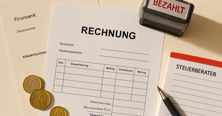 A German freelance invoice showing 19% VAT beside a Finanzamt tax number letter, illustrating how to charge VAT.