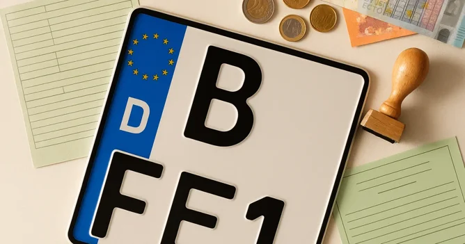 German number plate, vehicle registration document and green insurance card — expat car insurance in Germany