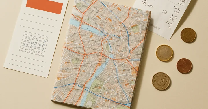 A German city map beside a rental listing and supermarket receipt, illustrating affordable living for expats in Germany.