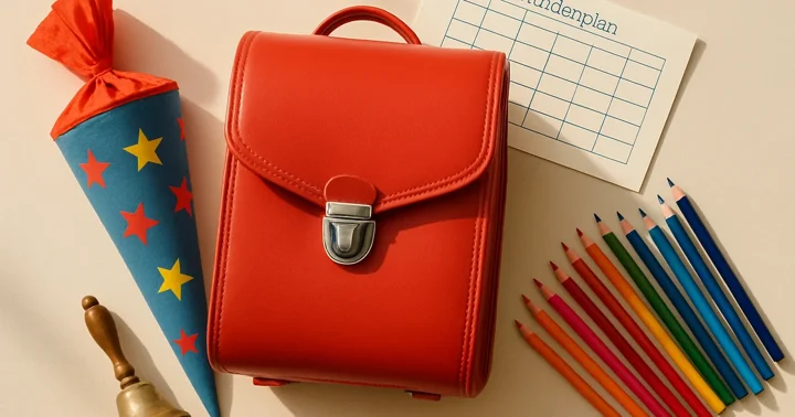 A red Schulranzen, Schultüte, and Stundenplan arranged flat-lay, illustrating compulsory school attendance in Germany.