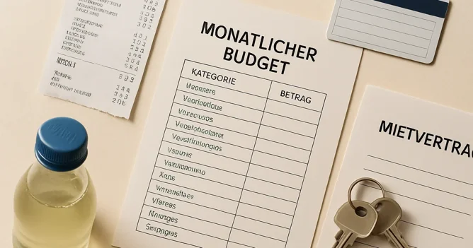 A budget spreadsheet, German grocery receipt, Deutschlandticket, and Mietvertrag show the cost of living in Germany.