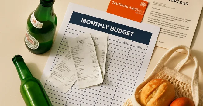 Top-down flatlay of a German budget sheet, supermarket receipts, Deutschlandticket, and Mietvertrag showing cost of living in Germany.