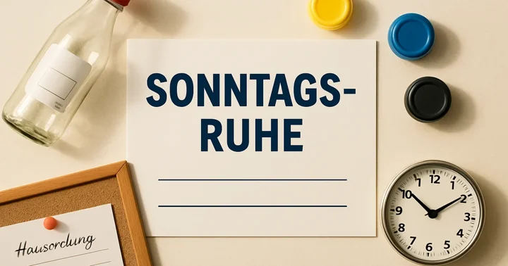 A Ruhezeit notice, Pfand bottle, and Hausordnung sheet arranged to illustrate German cultural rules for expats.