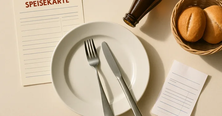 A place setting with a Speisekarte, Pfand beer bottle, and bread basket, illustrating dining out in Germany.