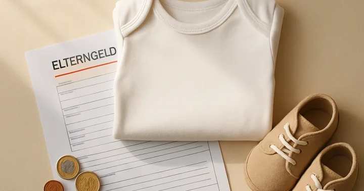 A folded white baby onesie beside an Elterngeld application form, representing German parental allowance.