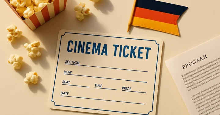 English cinema ticket and popcorn box on a flat surface, representing English-language cinemas in Germany for expats.