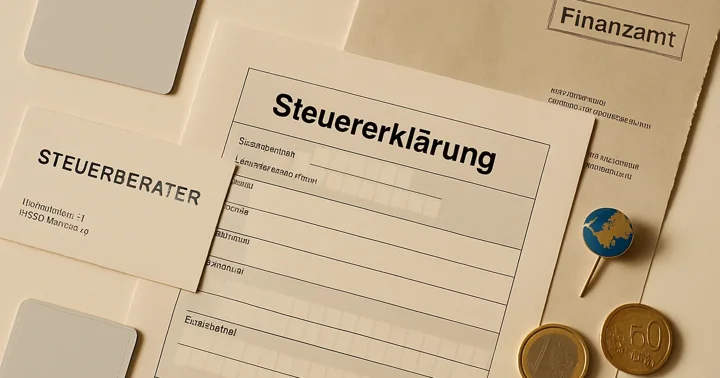 German Steuererklärung form beside a Steuerberater business card and a Finanzamt notice, illustrating finding a tax consultant.