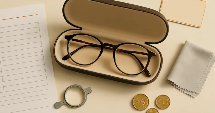 Top-down flat lay of eyeglasses, an open case, and a German Brillenpass prescription, illustrating buying glasses in Germany.