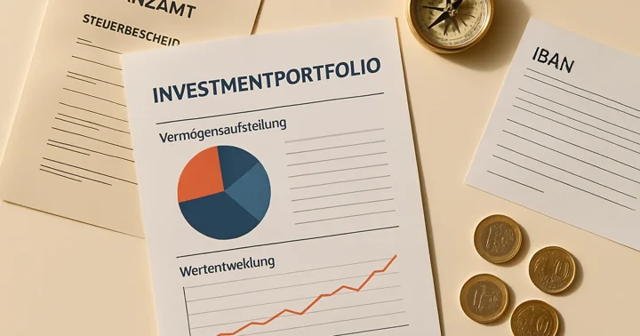 A financial planning document, German tax letter, and bank statement arranged top-down, representing expat financial advice in Germany.