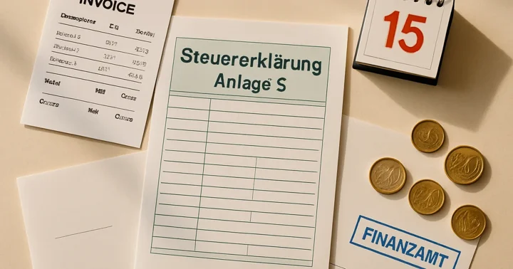 A German Steuererklärung form and freelancer invoice beside a Finanzamt stamp, representing freelance tax filing.
