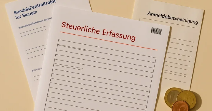 Finanzamt tax registration form beside a Steuer-ID letter and Anmeldebescheinigung for expat tax setup.