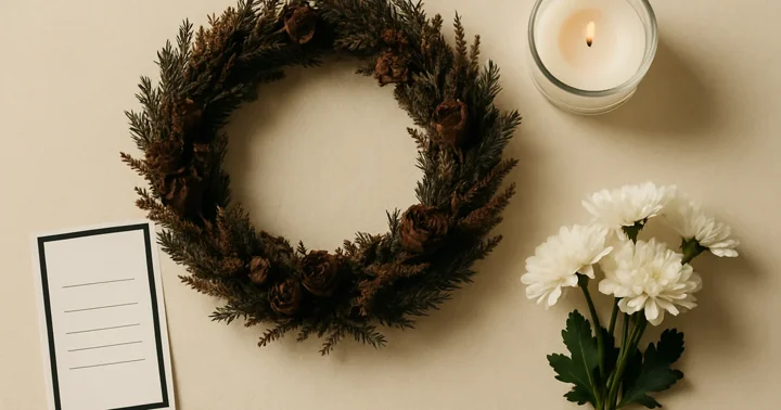 Top-down still life of a dark funeral wreath, black-bordered Traueranzeige, and white candle for funerals in Germany.