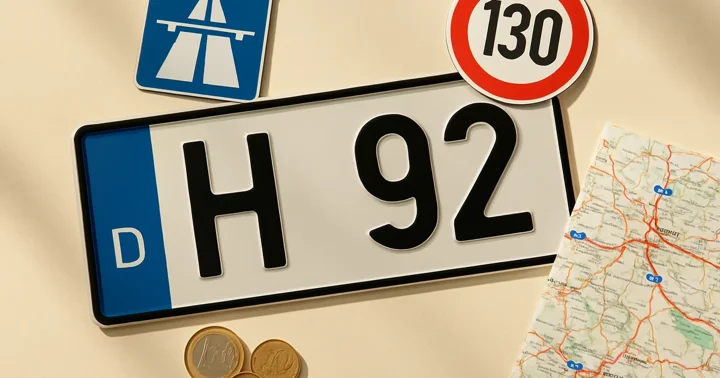 A German Kfz plate beside an Autobahn sign and speed limit disc, illustrating German Autobahn rules.