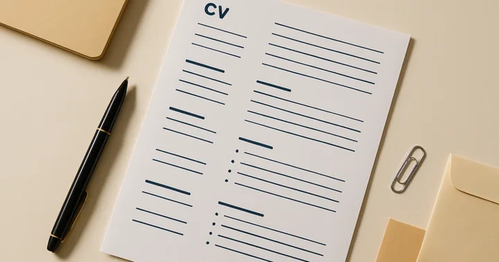 A printed German CV, fountain pen, and Bewerbungsmappe laid out flat, illustrating how to write a German CV.