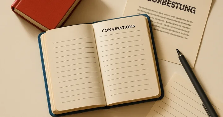 An open German phrasebook beside a dictionary and handwritten notes, illustrating essential phrases for expats.